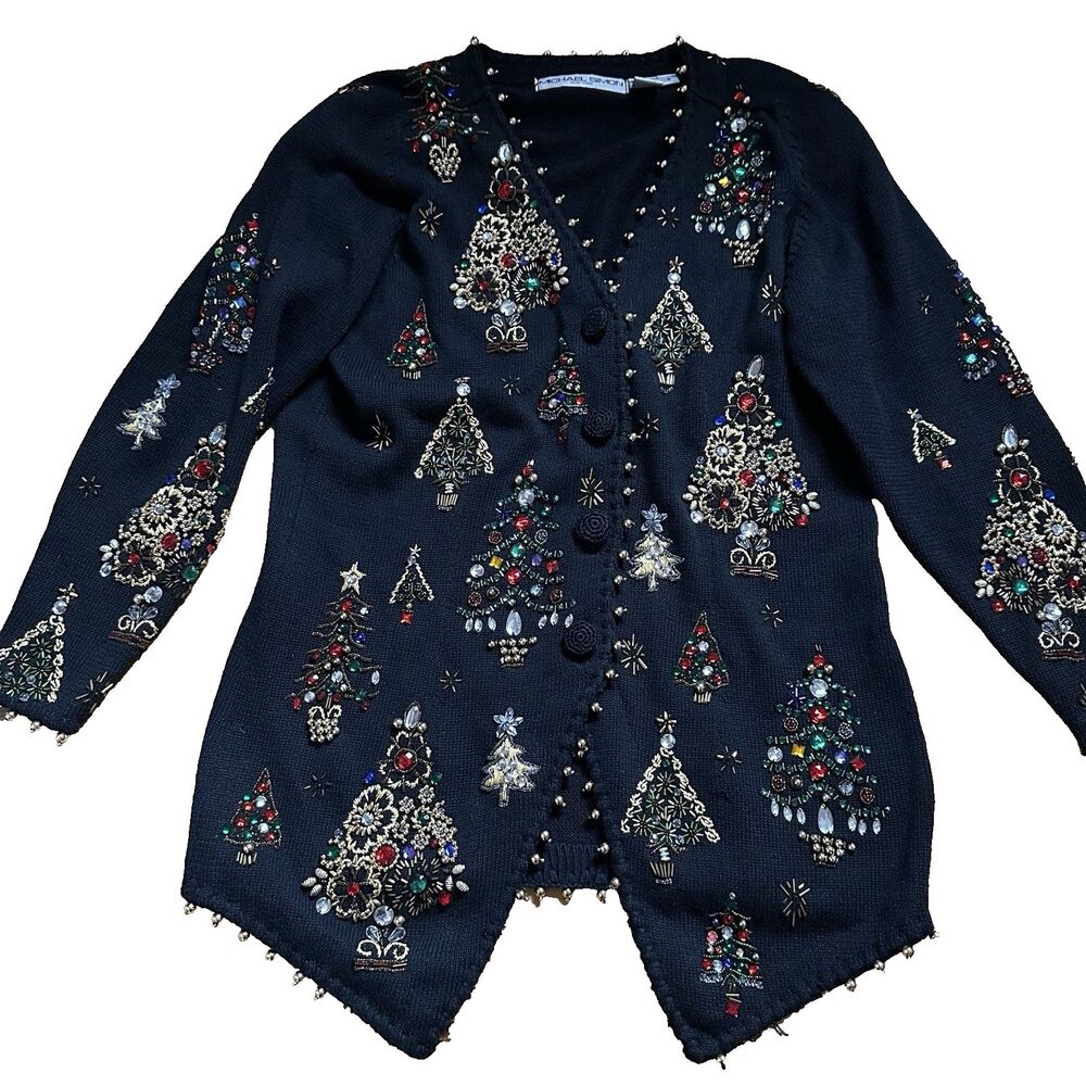 VTG Michael Simon Christmas Tree Cardigan 2 Beaded Crystal Ramie Cotton Black